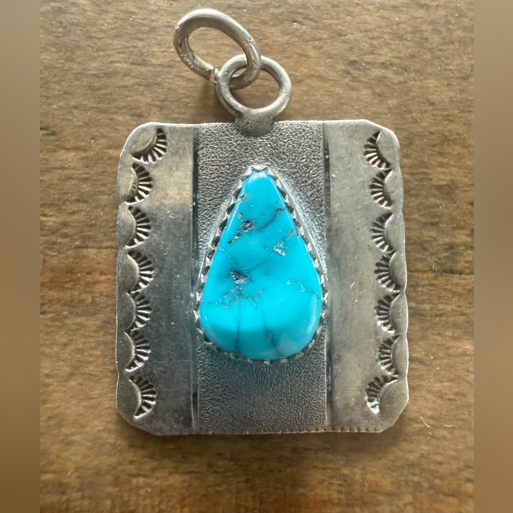 Vintage Native Navajo Turquoise Sterling Silver Pendant Charm Signed BAH